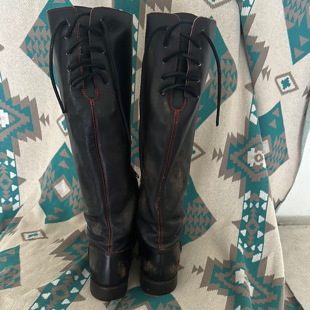 Black Leather Over the Knee Boots with Rounded Toe and Low Heel - Picture 3 of 7